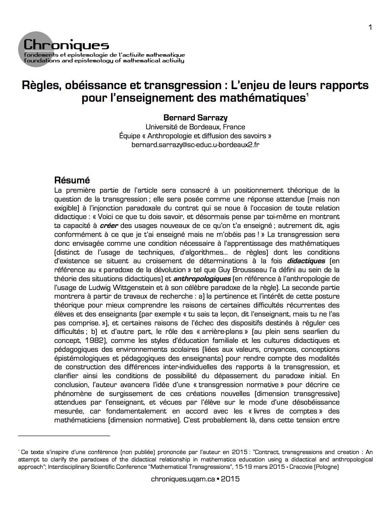Règles, obéissance et transgression : L’enjeu de leurs rapports pour l’enseignement des mathématiques 