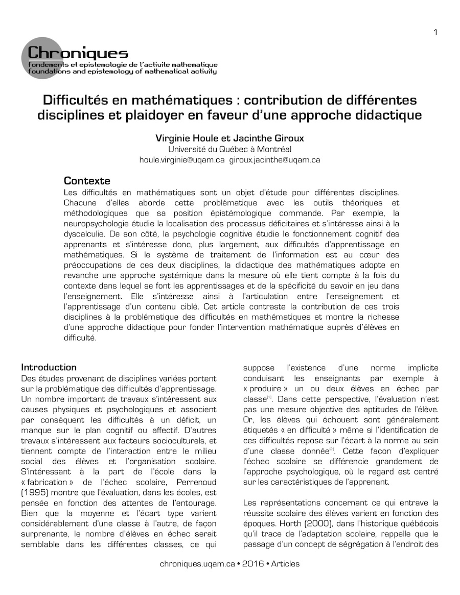Difficultés en mathématiques : contribution de différentes disciplines et plaidoyer en faveur d’une approche didactique 