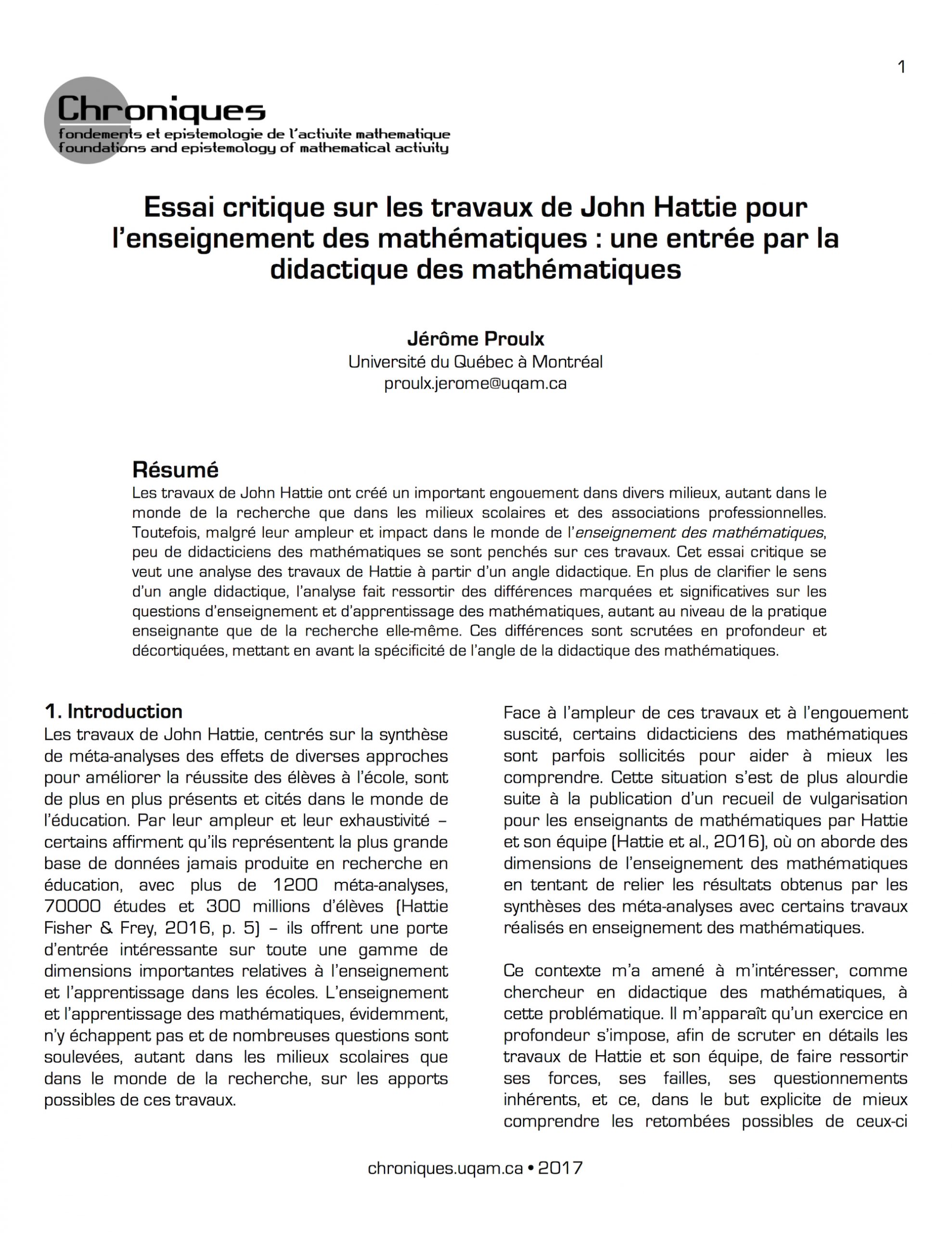 Essai critique sur les travaux de John Hattie pour l’enseignement des mathématiques : une entrée par la didactique des mathématiques 