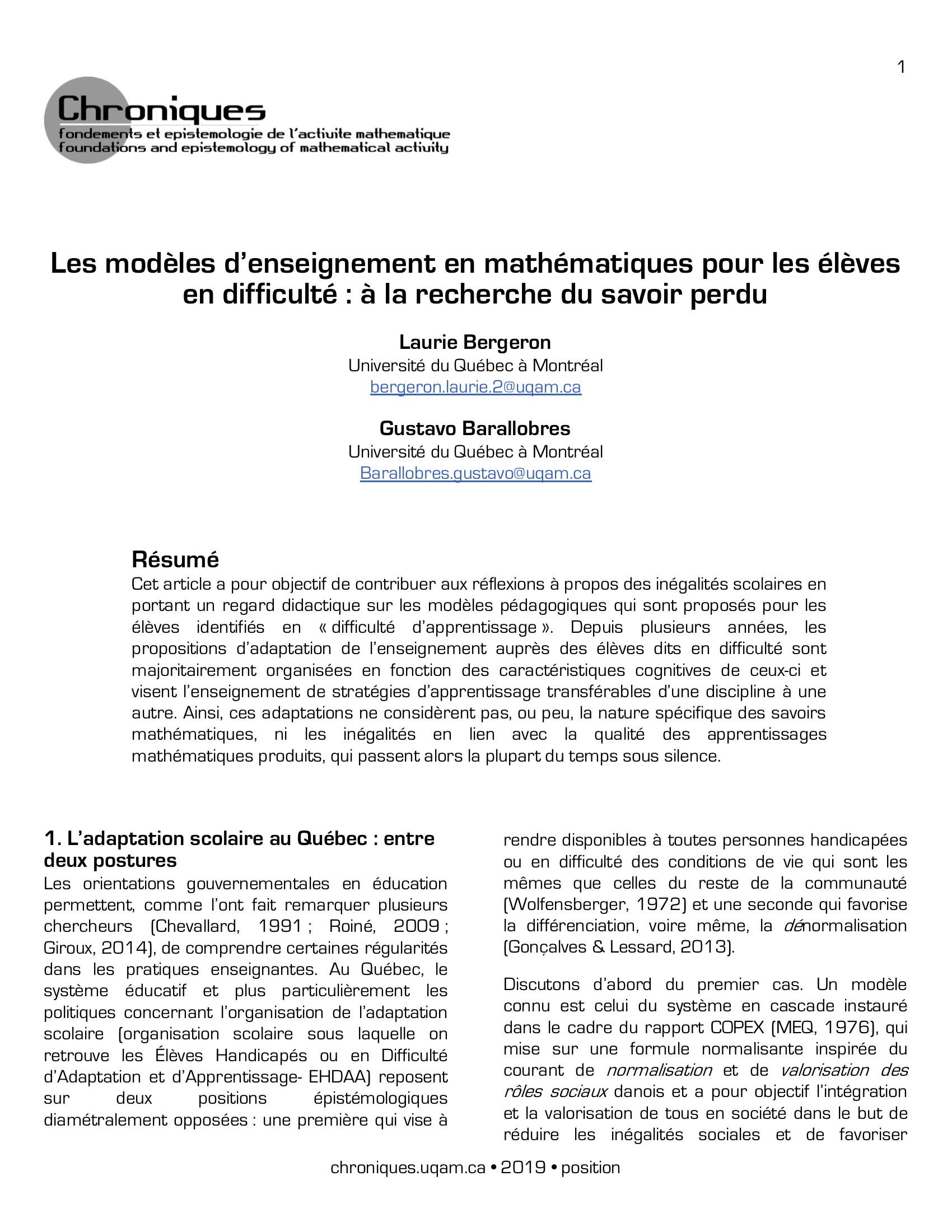 Les modèles d’enseignement en mathématiques pour les élèves en difficulté : à la recherche du savoir perdu 