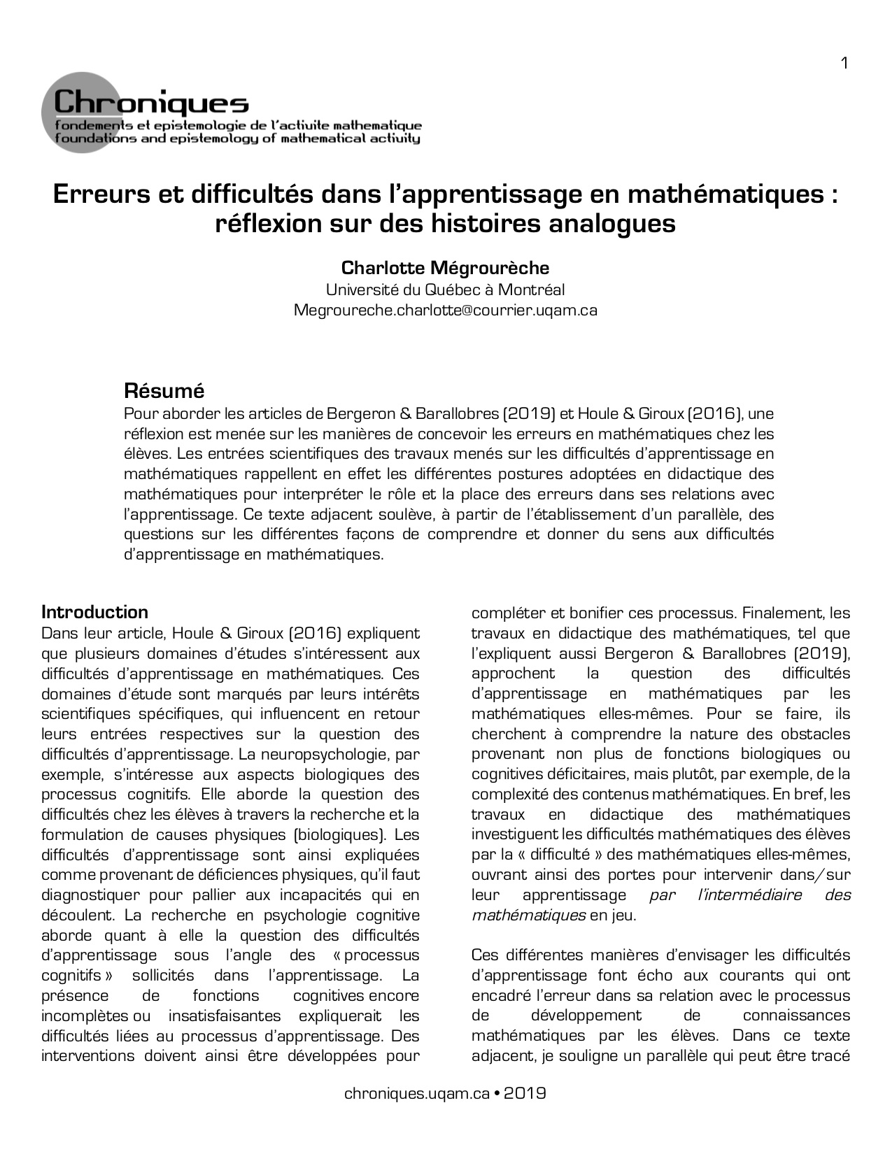 Erreurs et difficultés dans l’apprentissage en mathématiques : réflexion sur des histoires analogues 