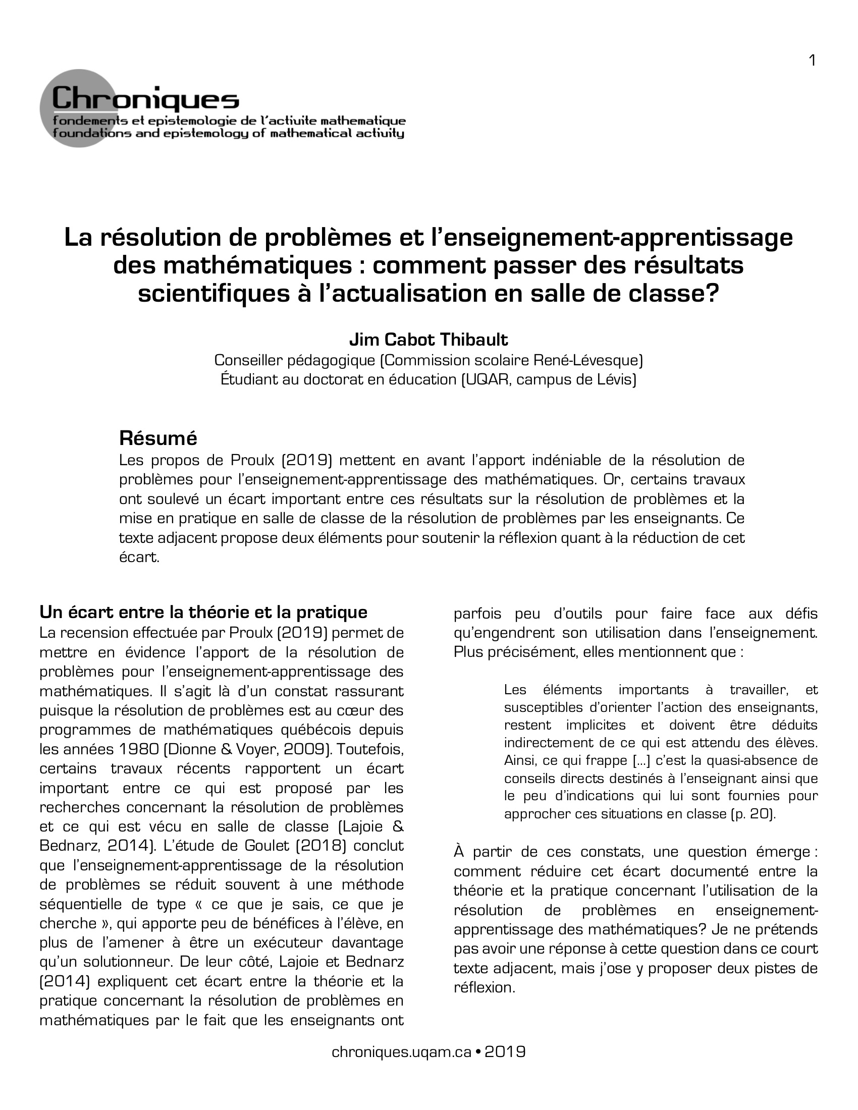 La résolution de problèmes et l’enseignement-apprentissage des mathématiques : comment passer des résultats scientifiques à l’actualisation en salle de classe? 